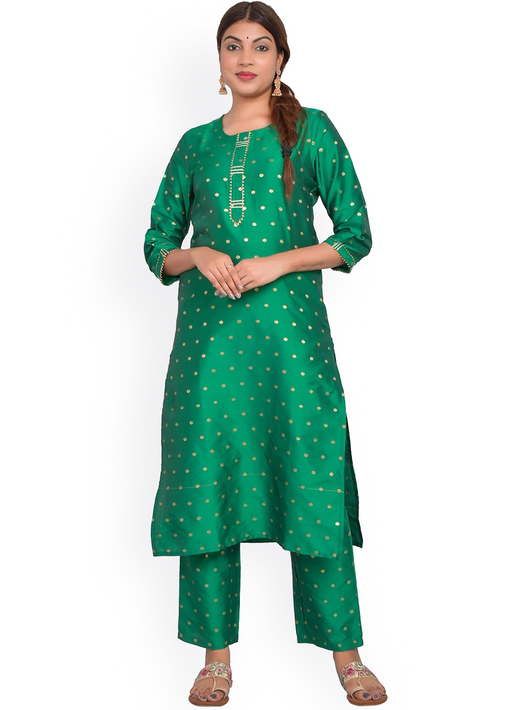 

Riara Women Green Printed Polka Dot Art Silk Kurta with Trousers