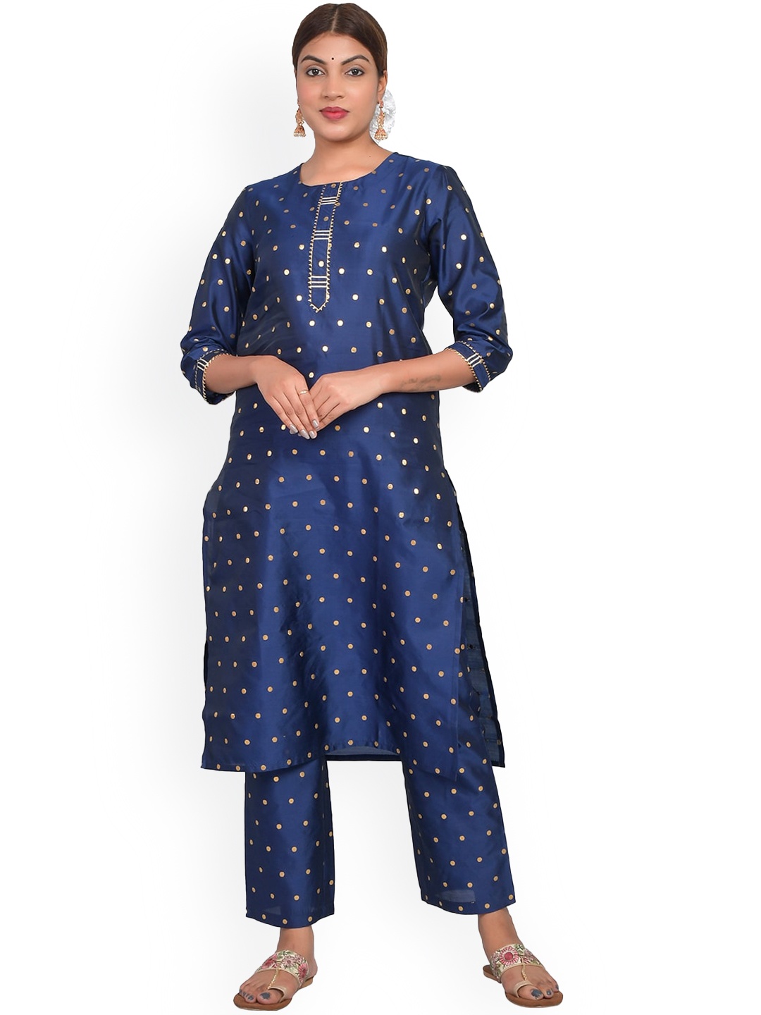 

Riara Women Blue Printed Polka Dot Art Silk Kurta with Trousers