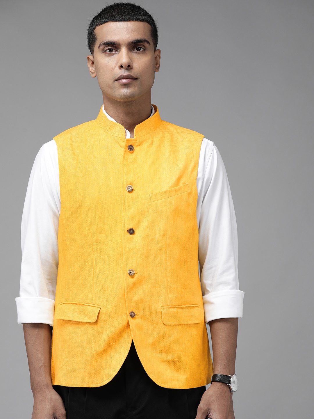 

Blackberrys Men Mustard Yellow Pure Linen Self-Design Slim Fit Nehru Jacket