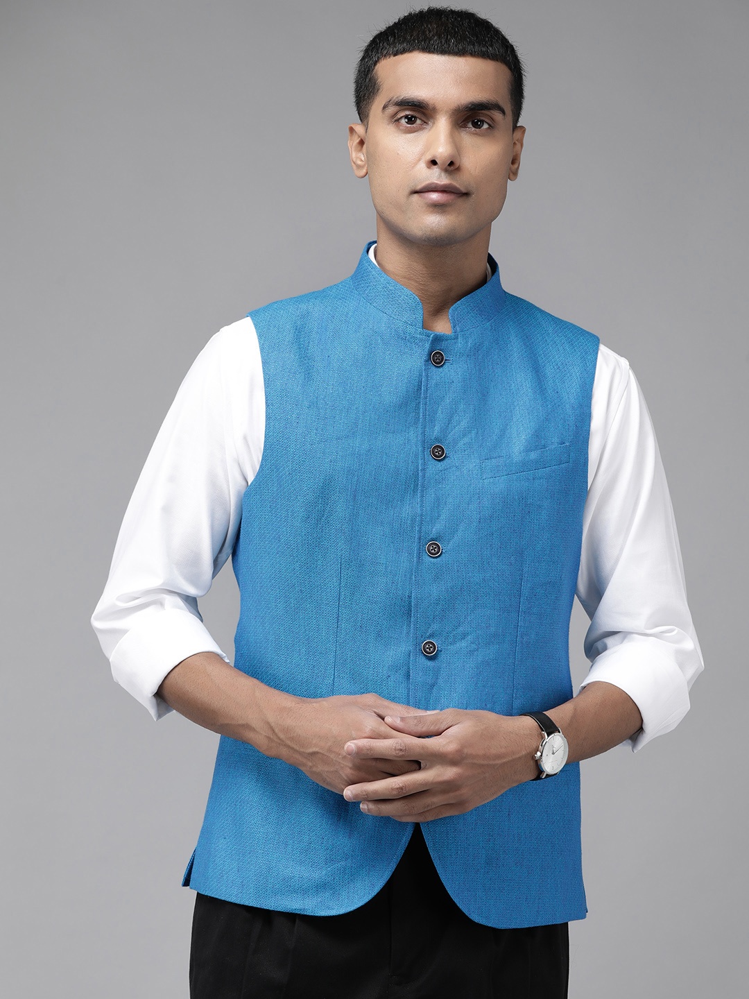 

Blackberrys Men Blue Pure Linen Self-Design Slim Fit Nehru Jacket