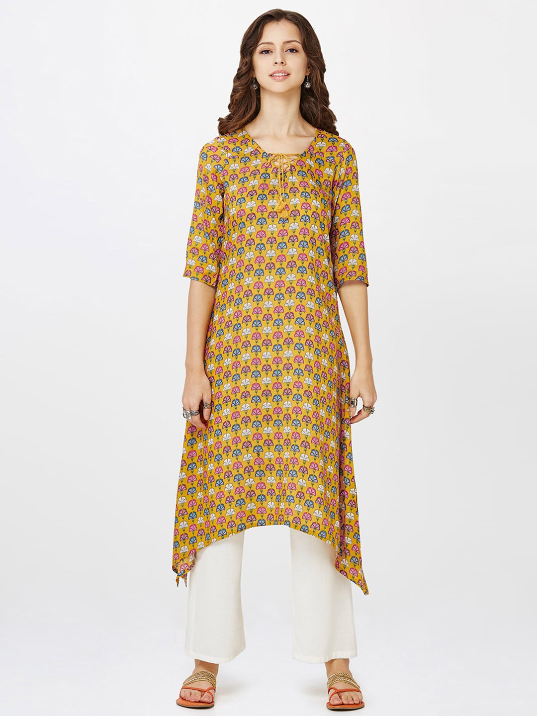 

Global Desi Mustard Printed A-Line Kurta