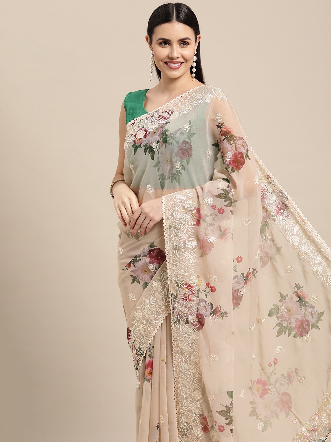 

VASTRANAND Cream-Coloured Floral Embroidered Saree with Blouse