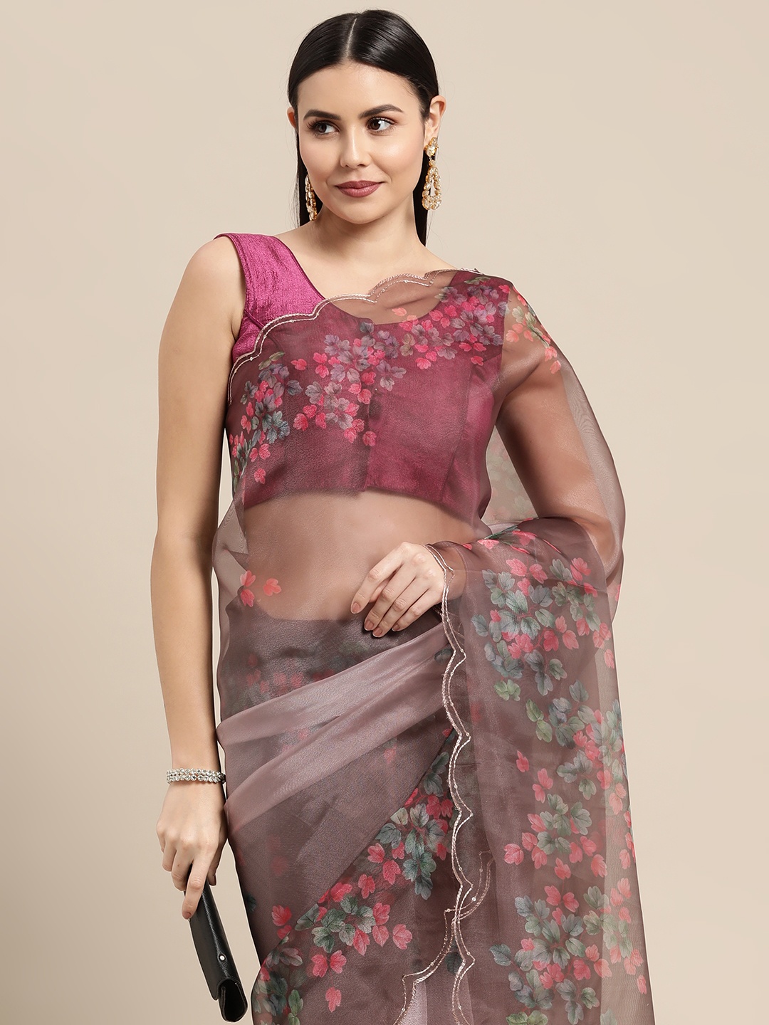 

VASTRANAND Brown Floral Printed Sequined Scalloped Edge Organza Saree with Blouse