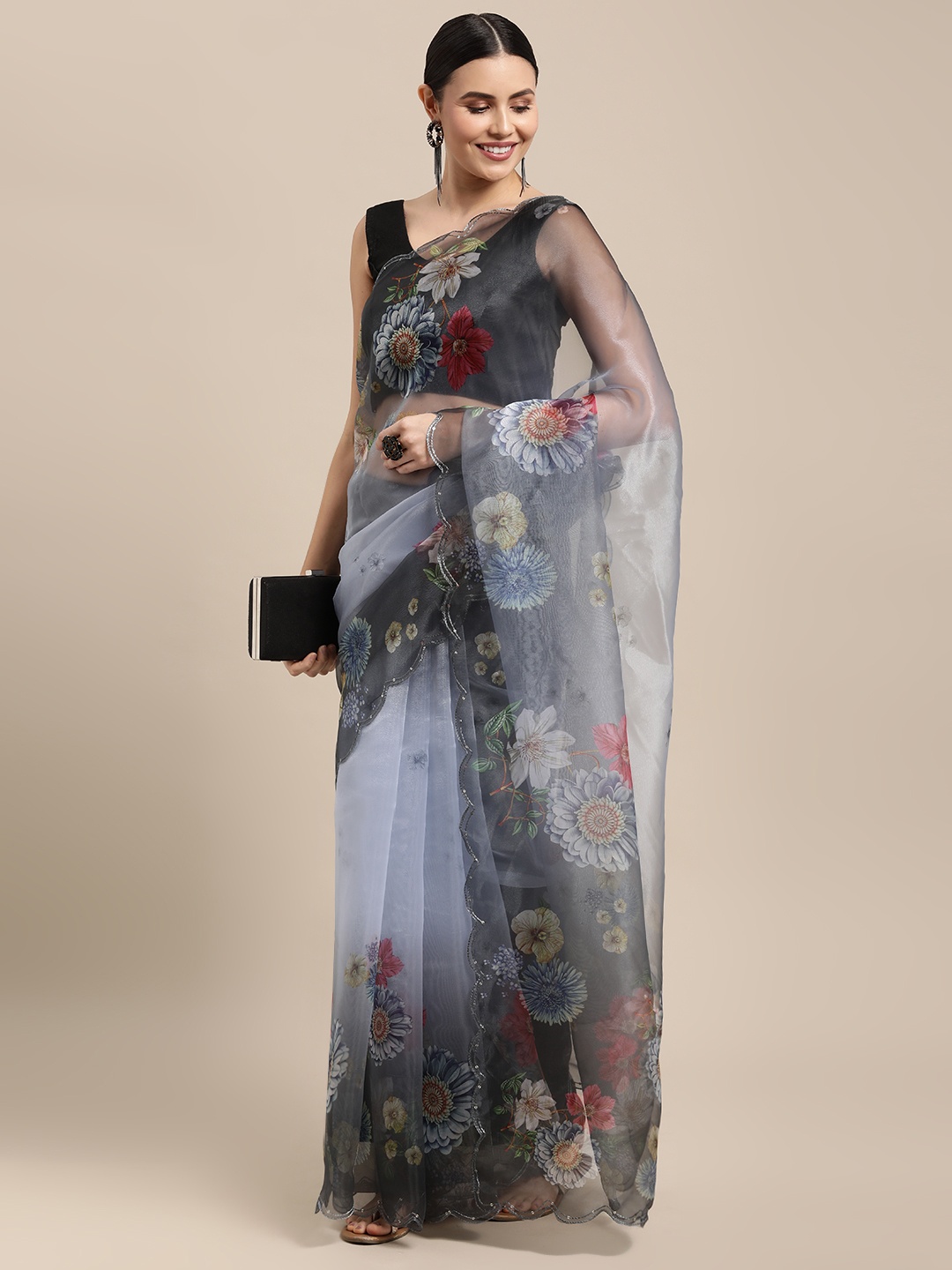 

VASTRANAND Grey Floral Organza Saree