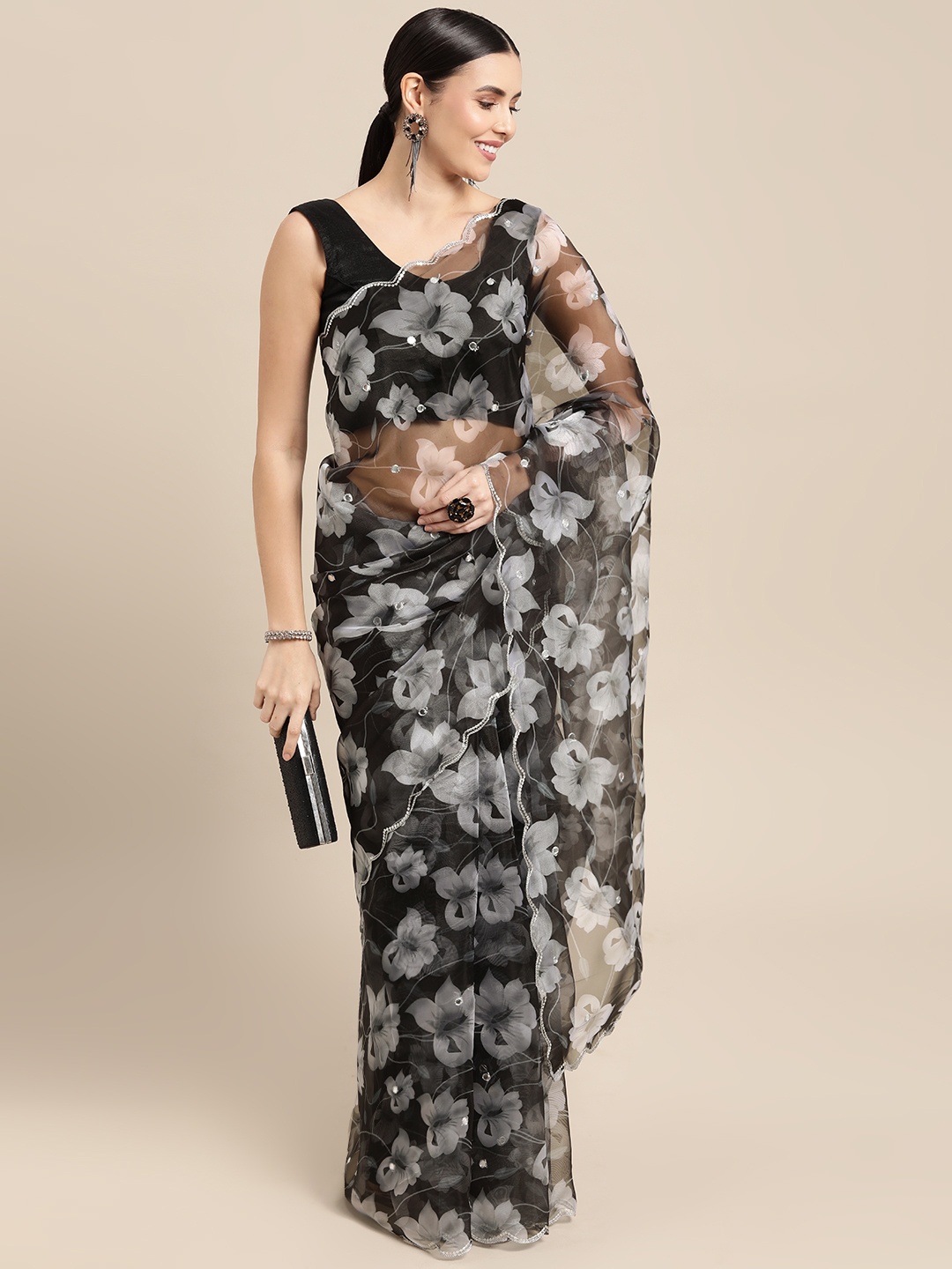 

VASTRANAND Grey Floral Organza Aari Work Saree