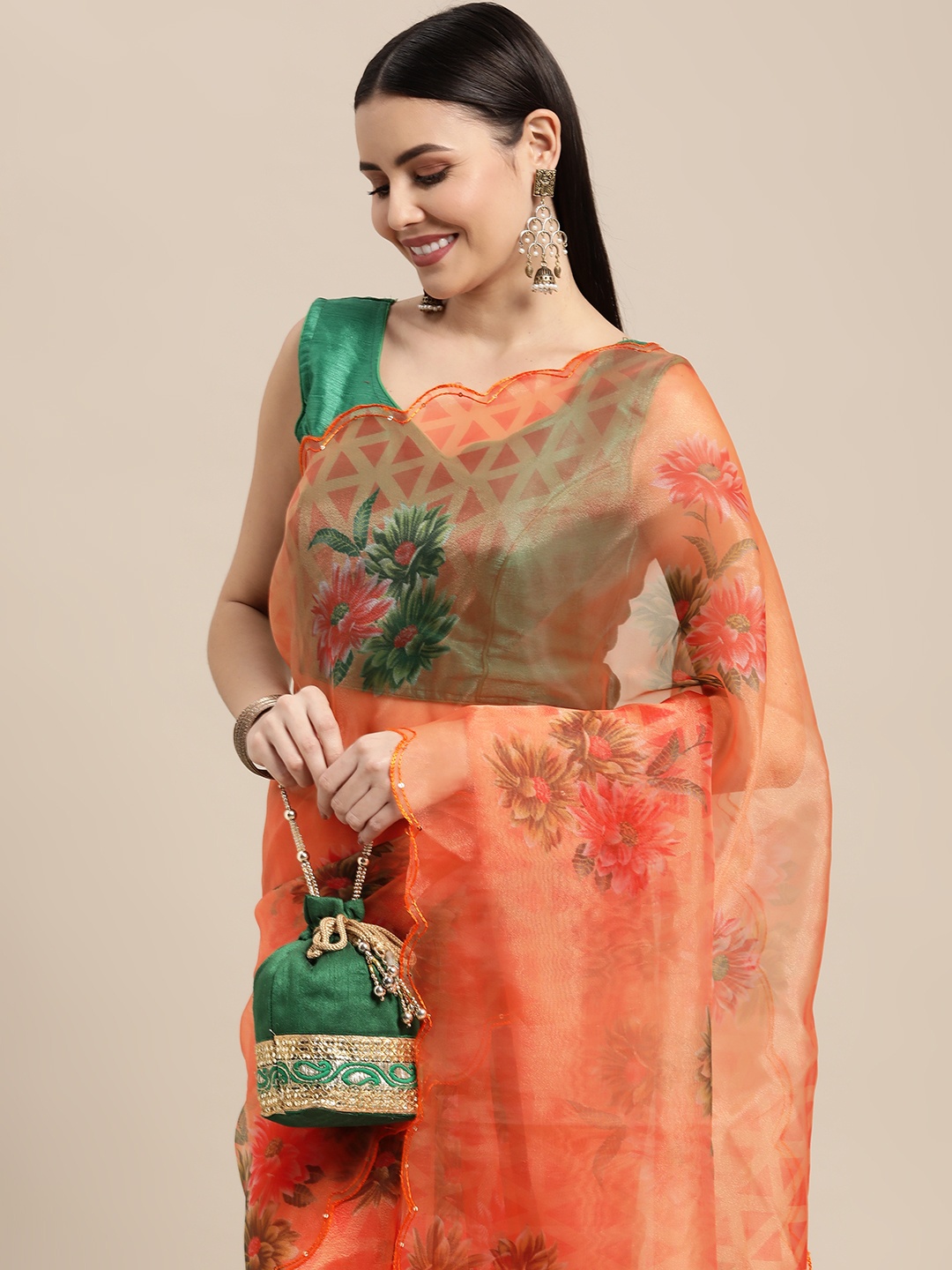 

VASTRANAND Orange Floral Printed Sequined Scalloped Edge Organza Saree with Blouse