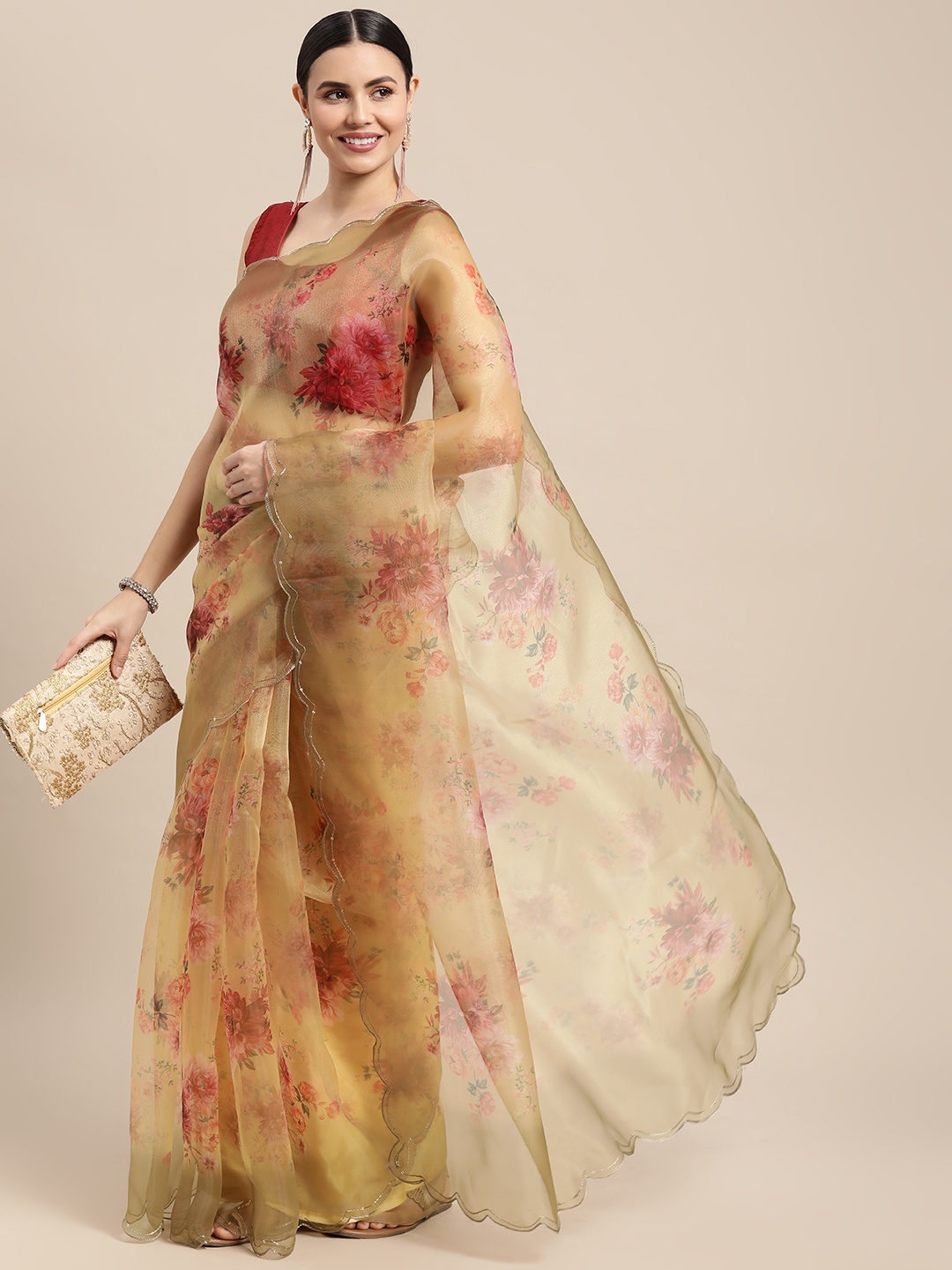 

VASTRANAND Gold-Toned & Pink Floral Organza Saree