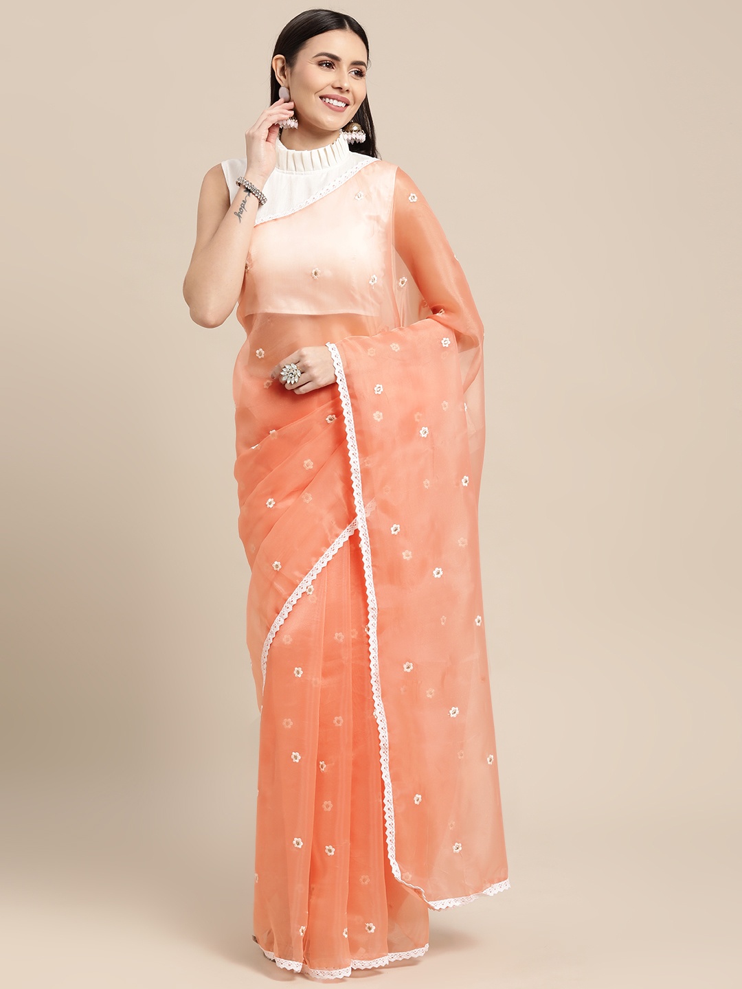 

VASTRANAND Peach-Coloured Ethnic Motifs Embroidered Organza Saree with Blouse