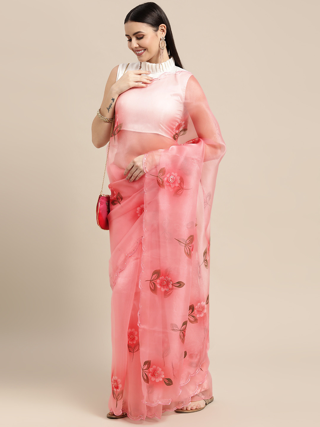 

VASTRANAND Pink Floral Printed Sequined Scalloped Edge Organza Saree with Blouse