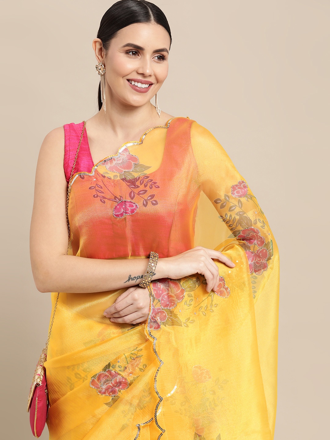 

VASTRANAND Yellow & Orange Floral Sequinned Organza Saree