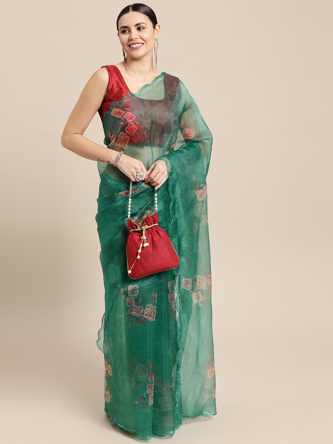 

VASTRANAND Green & Red Floral Organza Saree