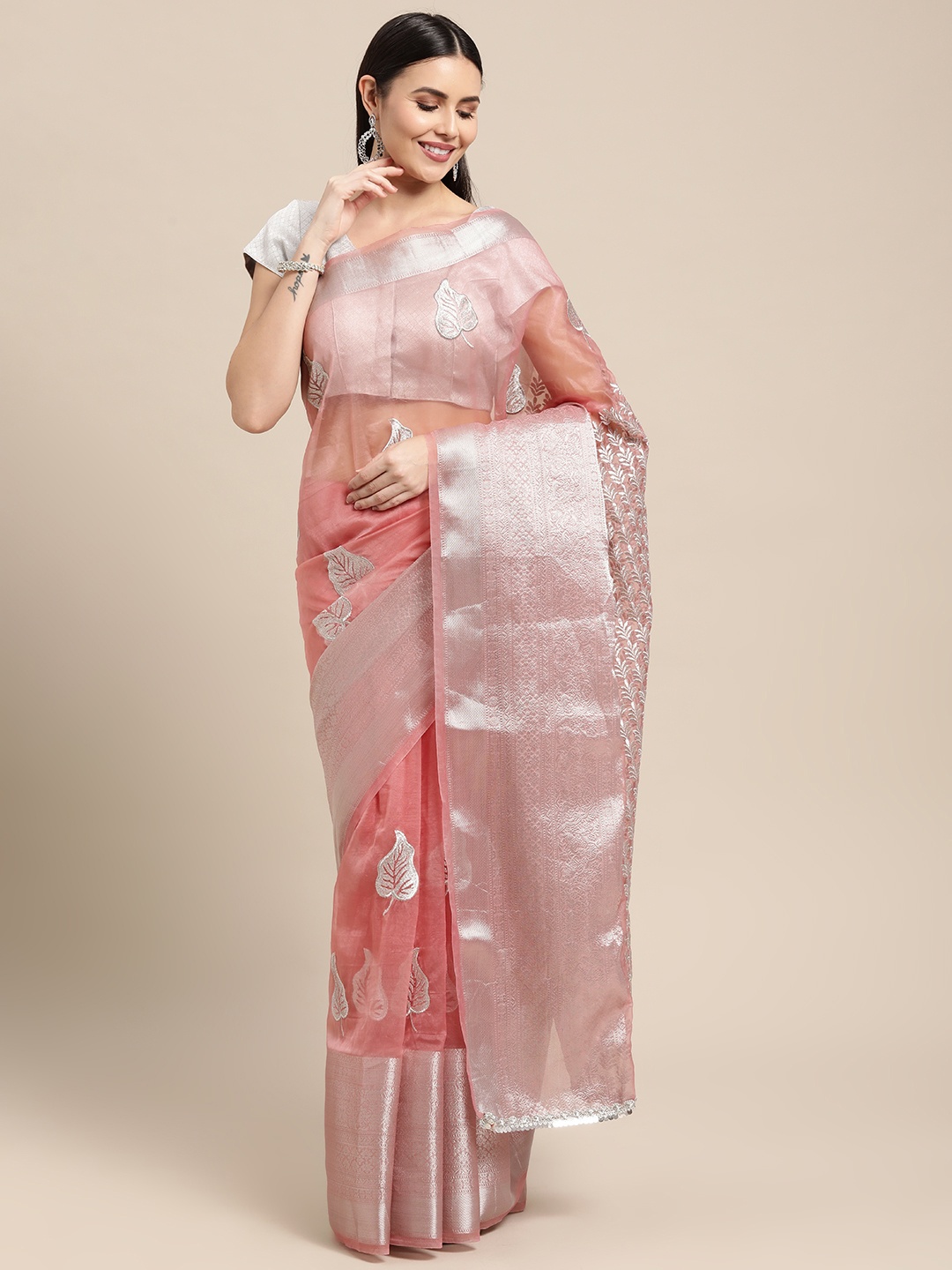 

VASTRANAND Peach-Coloured Embroidered Sequinned Organza Saree with Blouse
