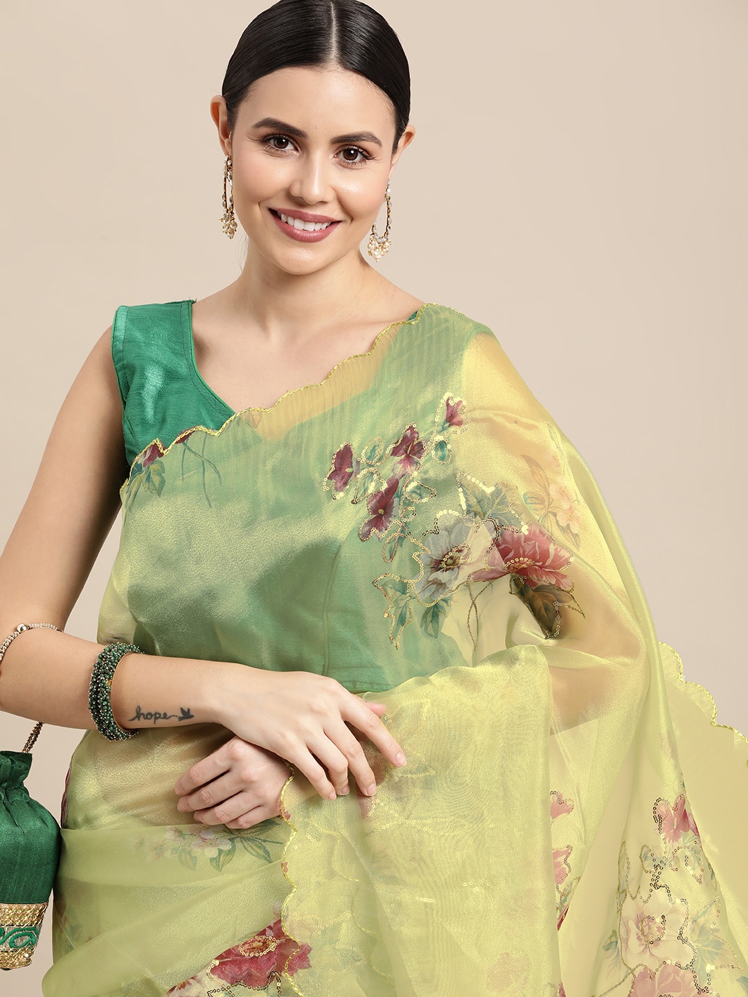 

VASTRANAND Lime Green Floral Organza Party Wear Saree
