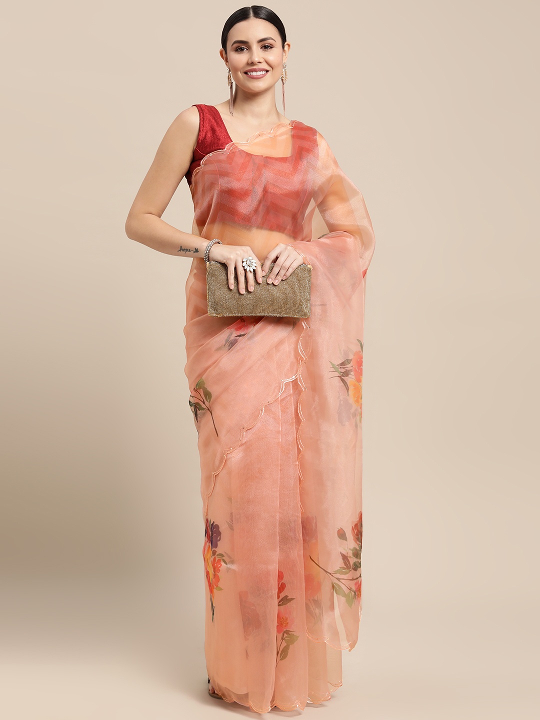 

VASTRANAND Peach-Coloured Floral Organza Saree