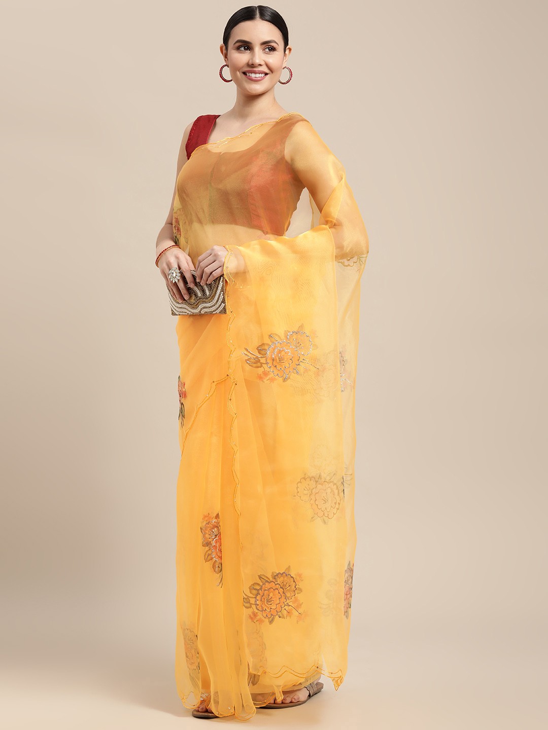 

VASTRANAND Yellow Floral Sequinned Organza Saree