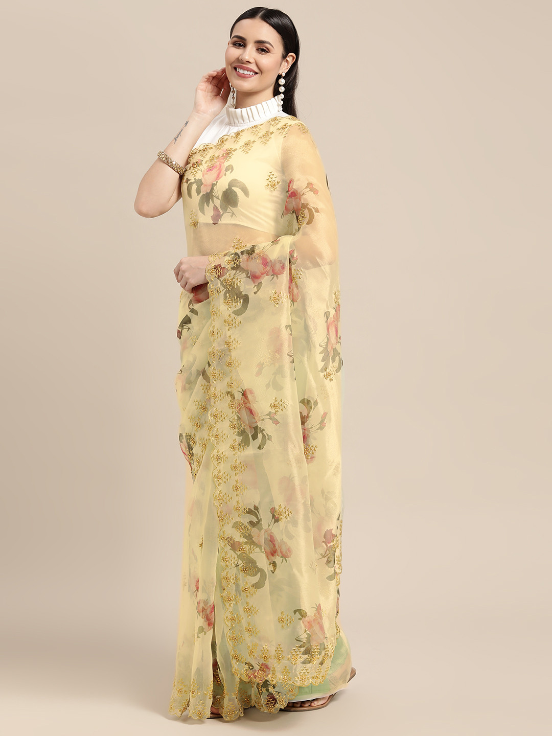 

VASTRANAND Green Floral Printed Embroidered Organza Saree with Blouse
