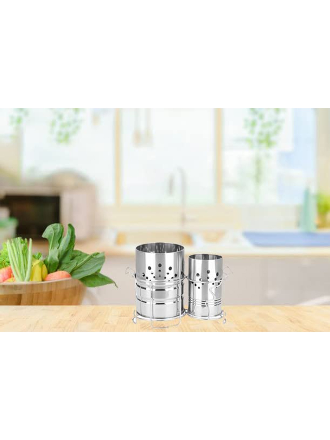 

ZEVORA Silver-Toned Stainless Steel Cutlery Holder with 18 Spoons & Stand