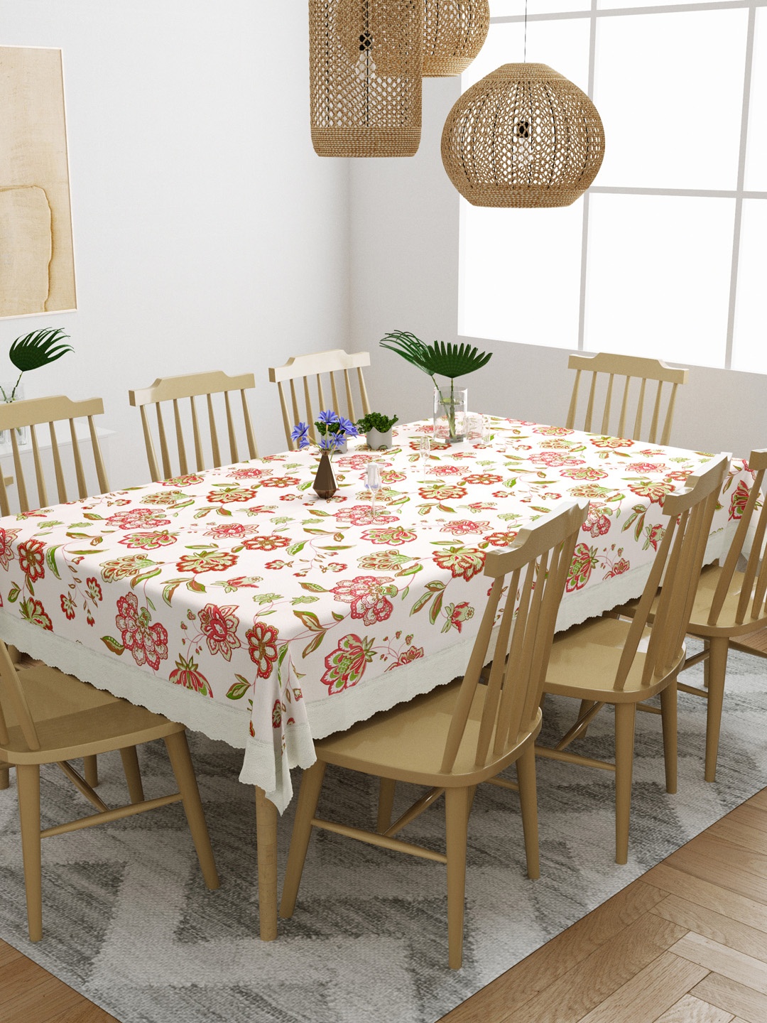 

DREAM WEAVERZ Red & Green Floral Printed 8 Seater Rectangle Dining Table Cover