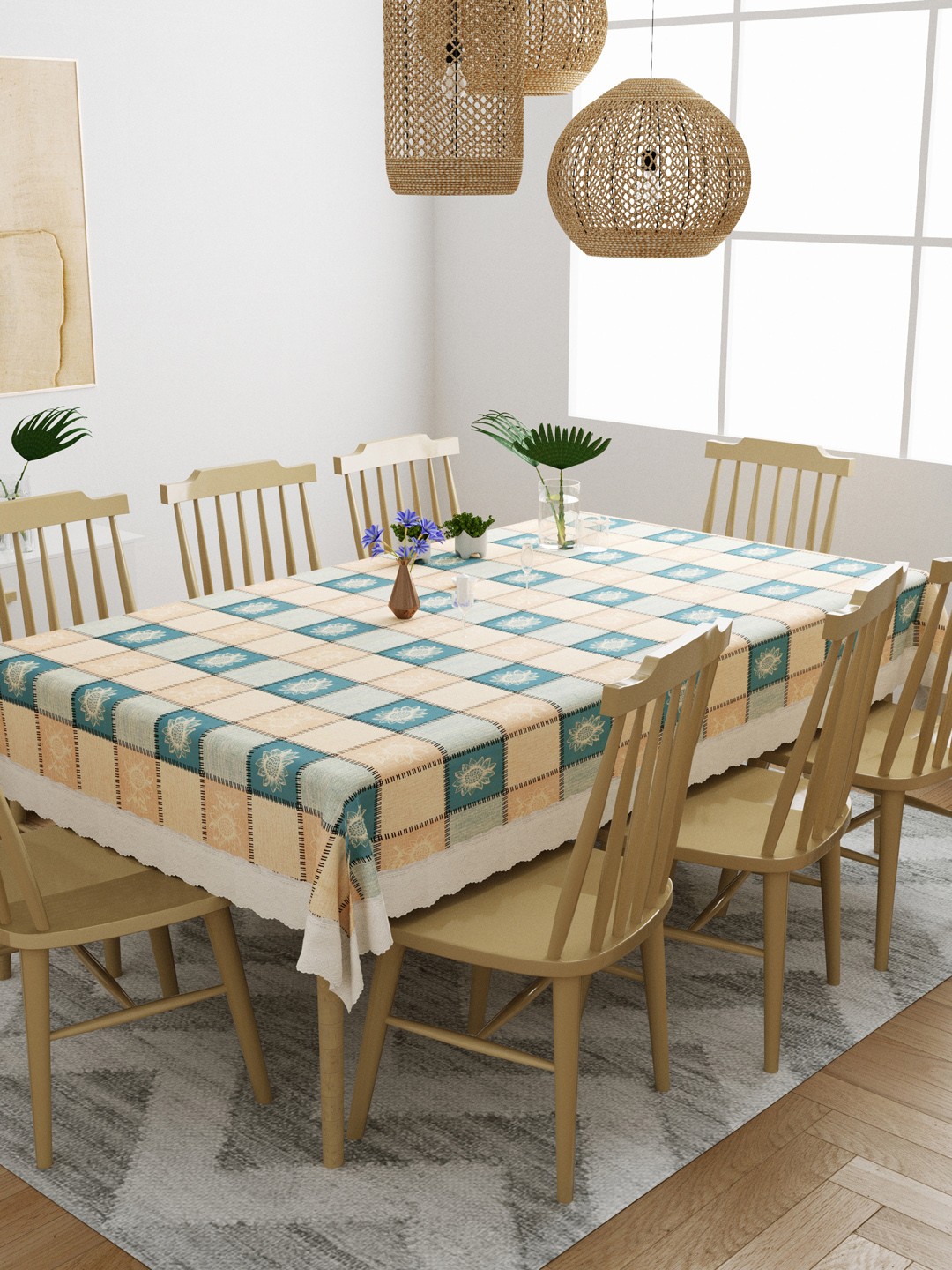 

DREAM WEAVERZ Pack Of 8 Blue & Peach-Colored Printed Rectangle Seater Table Covers