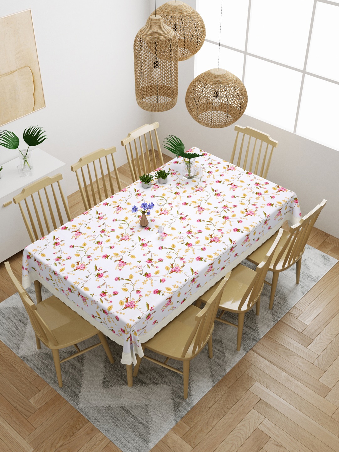 

DREAM WEAVERZ Pink & White Printed Rectangular 8-Seater Table Cover