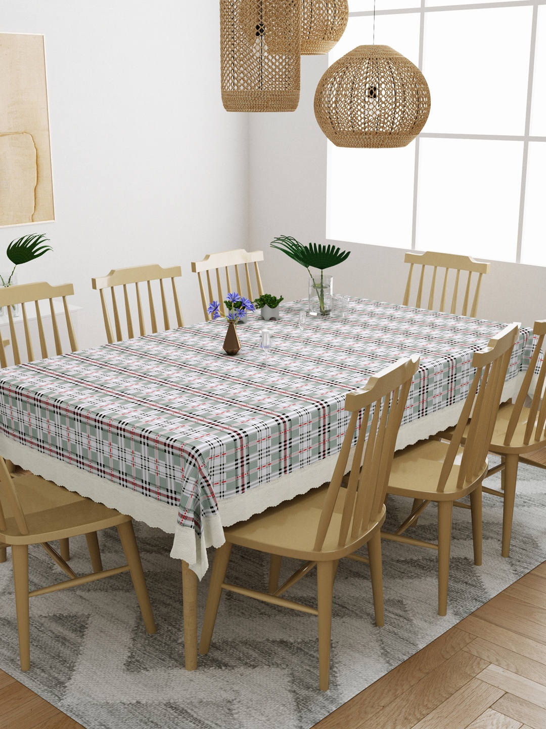 

DREAM WEAVERZ White & Grey Checked 8 Seater Dining Table Cover