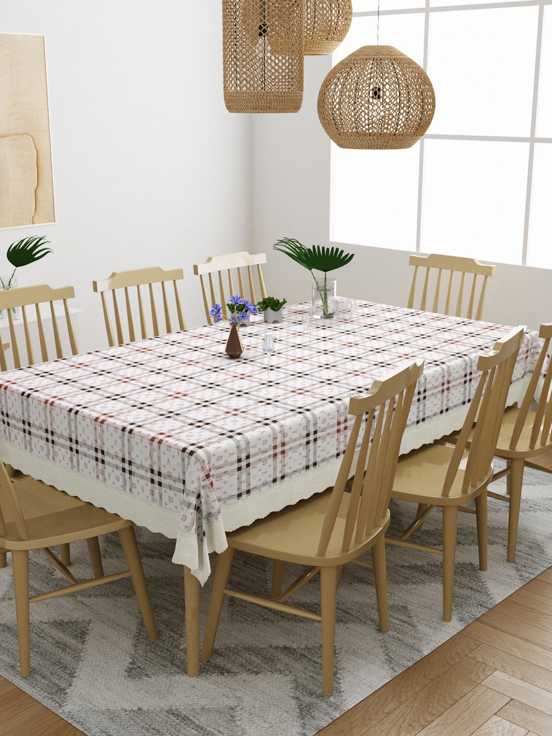 

DREAM WEAVERZ White & Brown Printed 8-Seater Table Cover
