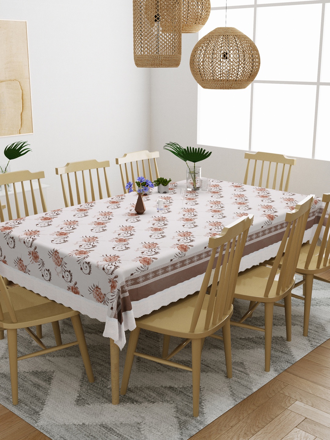 

DREAM WEAVERZ Adults White & Brown Floral Printed 8 Seater Dining Table Cover