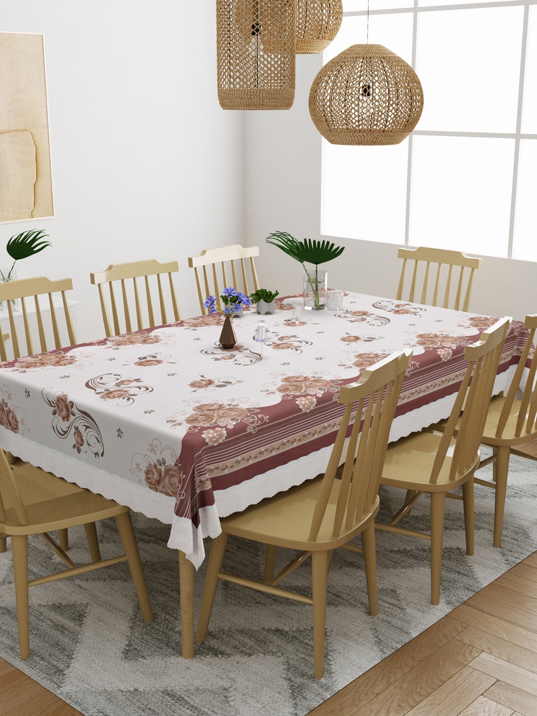 

DREAM WEAVERZ Unisex White & Maroon Floral Printed 8-Seater Rectangle Table Cover