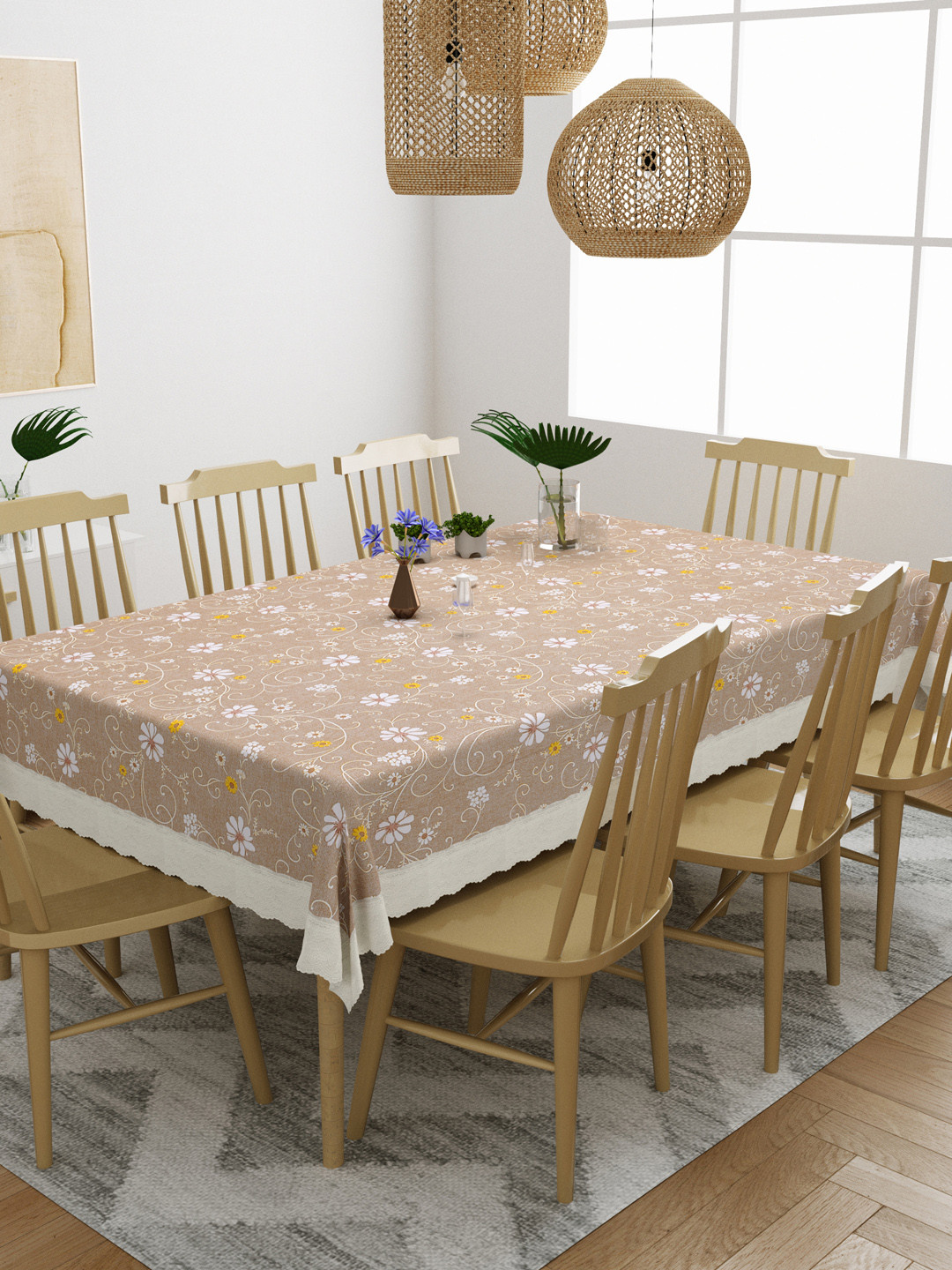 

DREAM WEAVERZ Beige & White Floral Printed 8-Seater Table Cover