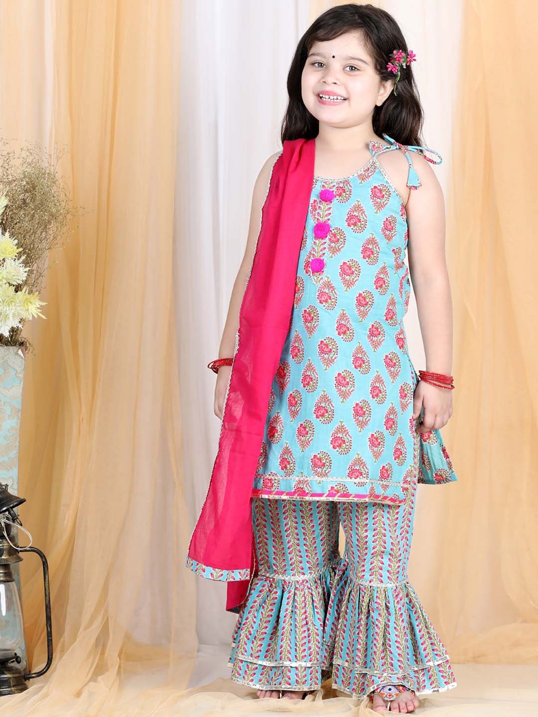 

LIL PITAARA Girls Blue Ethnic Motifs Embroidered Gotta Patti Pure Cotton Kurti with Sharara & With Dupatta