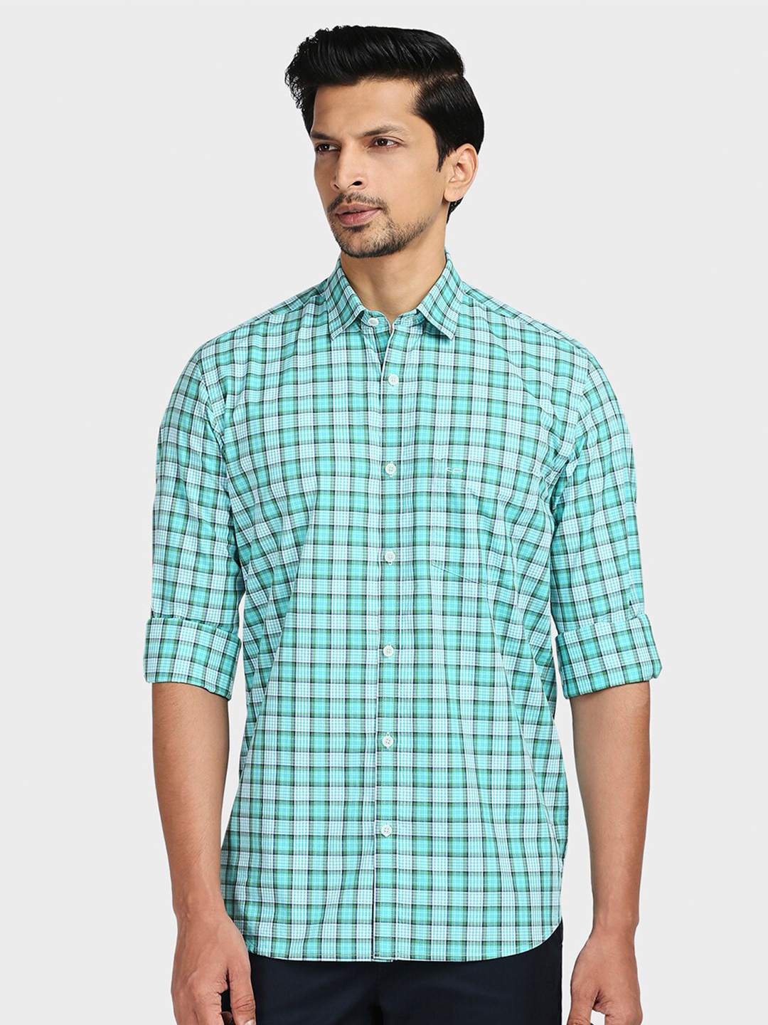 

ColorPlus Men Green Tailored Fit Checked Casual Shirt
