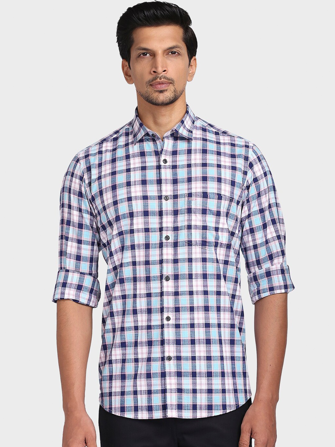 

ColorPlus Men Blue Tailored Fit Checked Casual Shirt