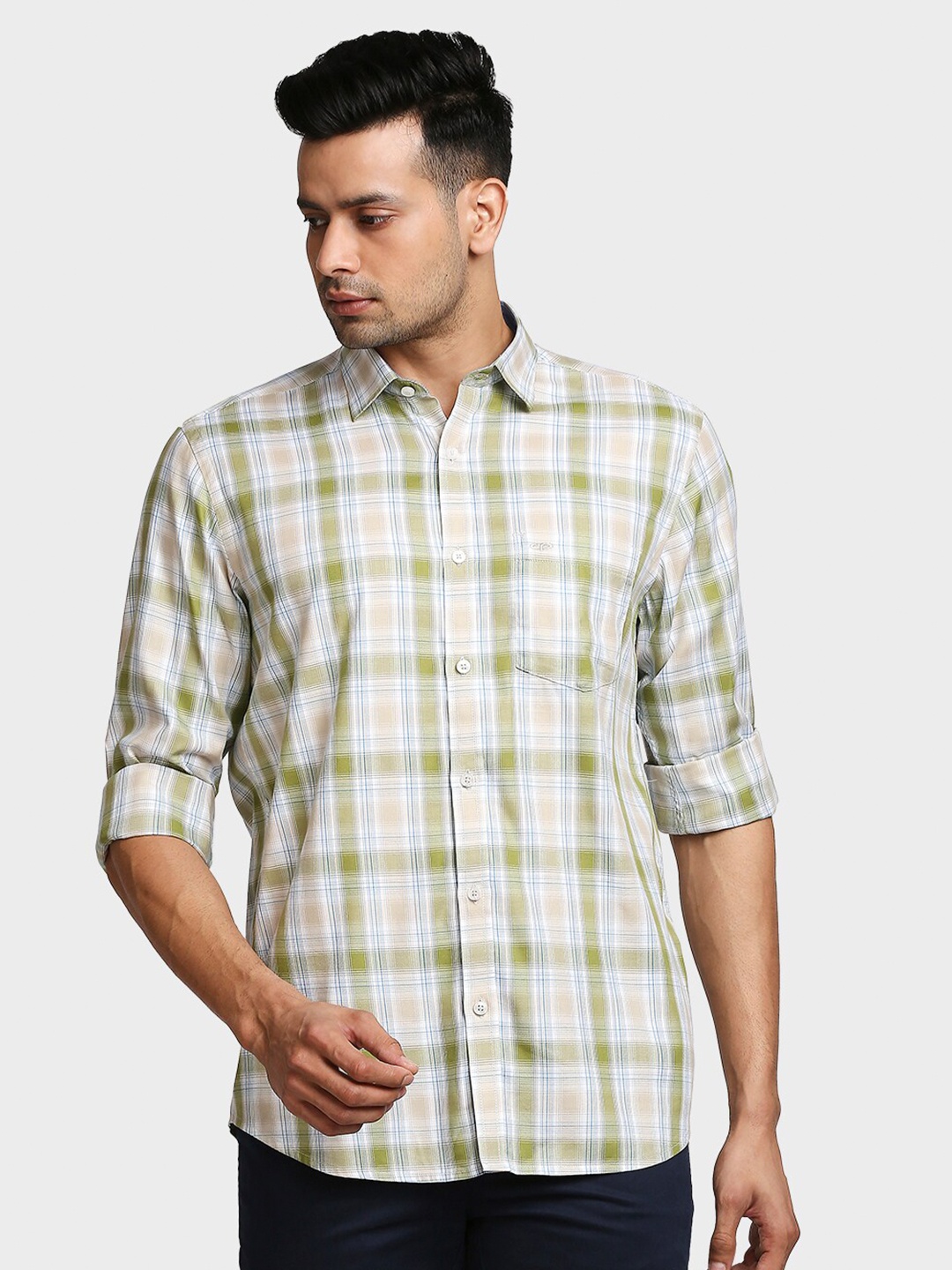 

ColorPlus Men Green & White Checked Cotton Casual Shirt