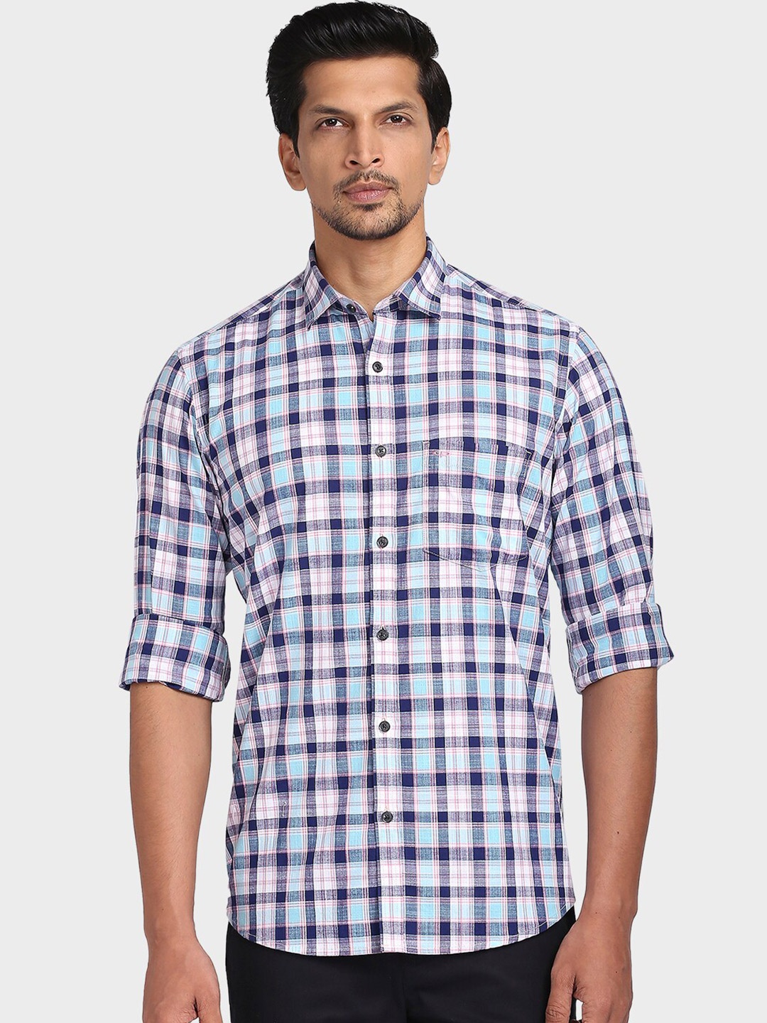 

ColorPlus Men Blue Tailored Fit Checked Casual Shirt
