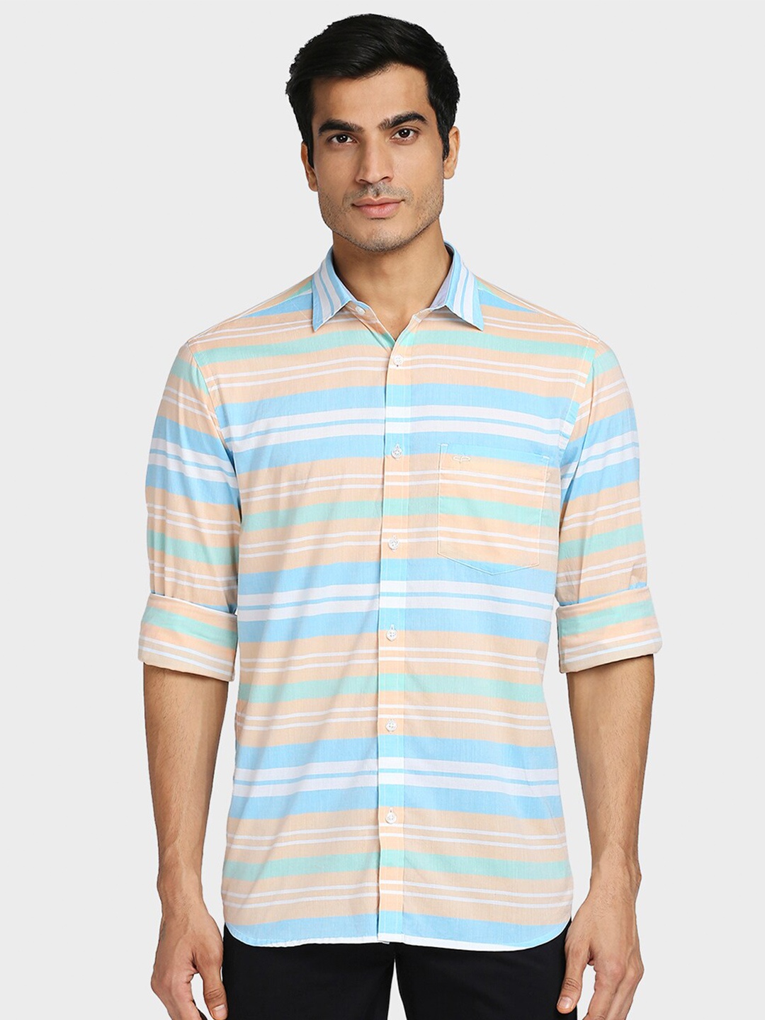 

ColorPlus Men Orange & Blue Tailored Fit Horizontal Stripes Striped Cotton Casual Shirt