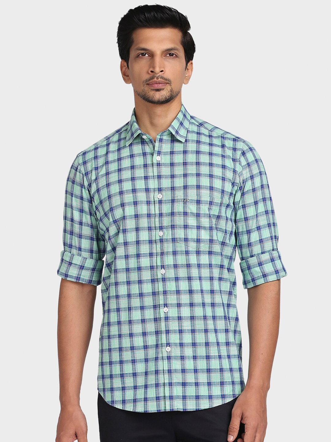 

ColorPlus Men Green Tailored Fit Checked Cotton Casual Shirt