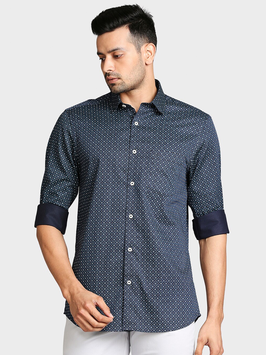 

ColorPlus Men Blue Tailored Fit Printed Casual Shirt