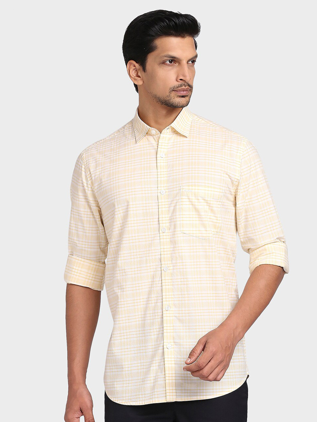 

ColorPlus Men Yellow Tailored Fit Checked Casual Shirt