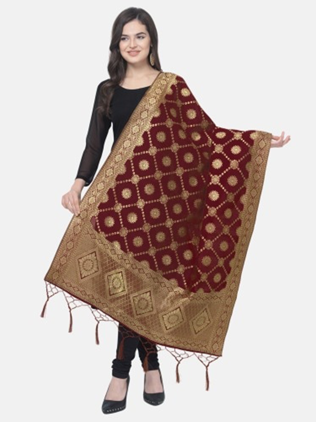 

MORLY Maroon & Gold-Toned Woven Design Cotton Silk Dupatta with Zari