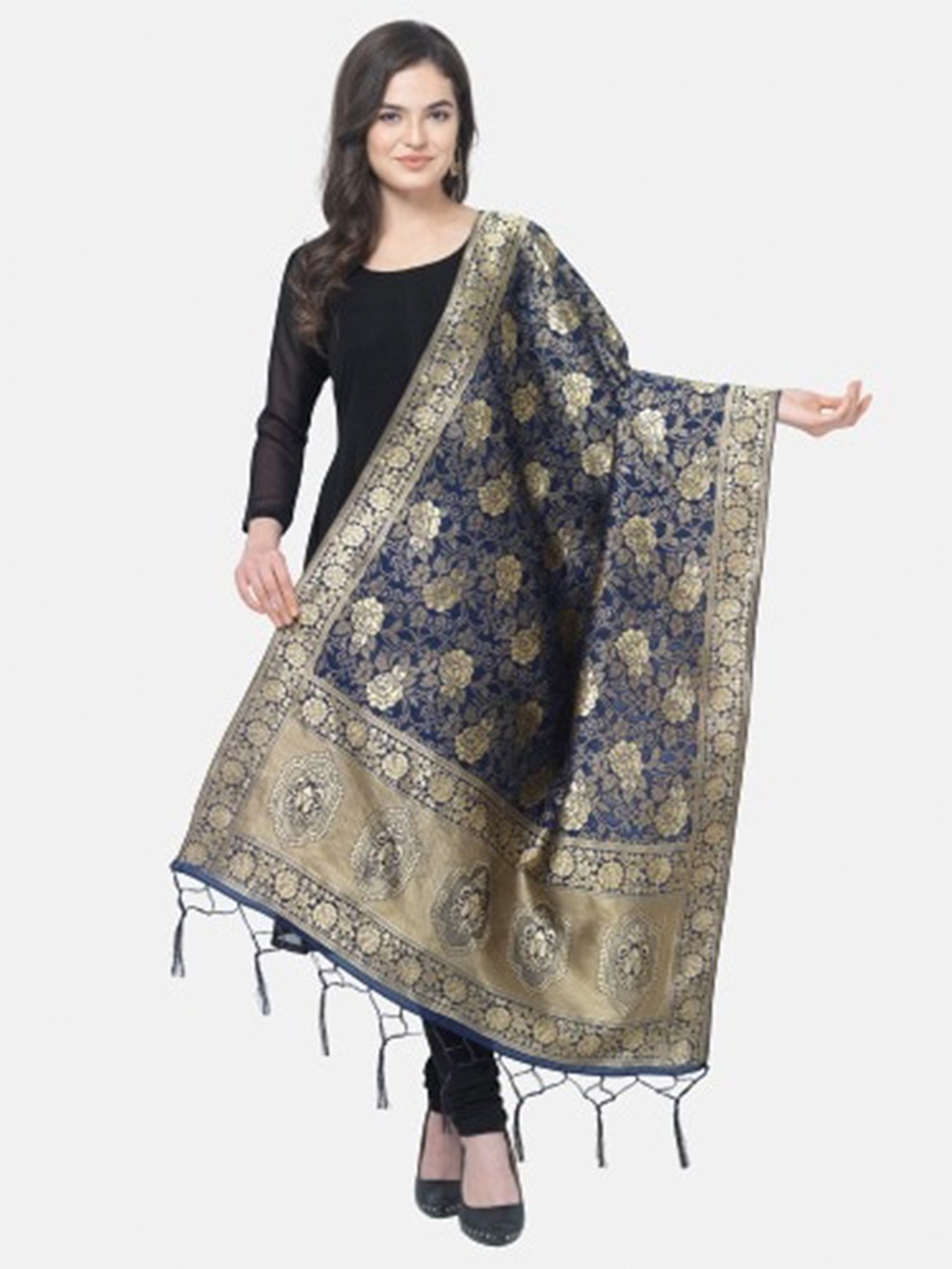 

MORLY Navy Blue & Gold-Toned Woven Design Cotton Silk Dupatta with Zari