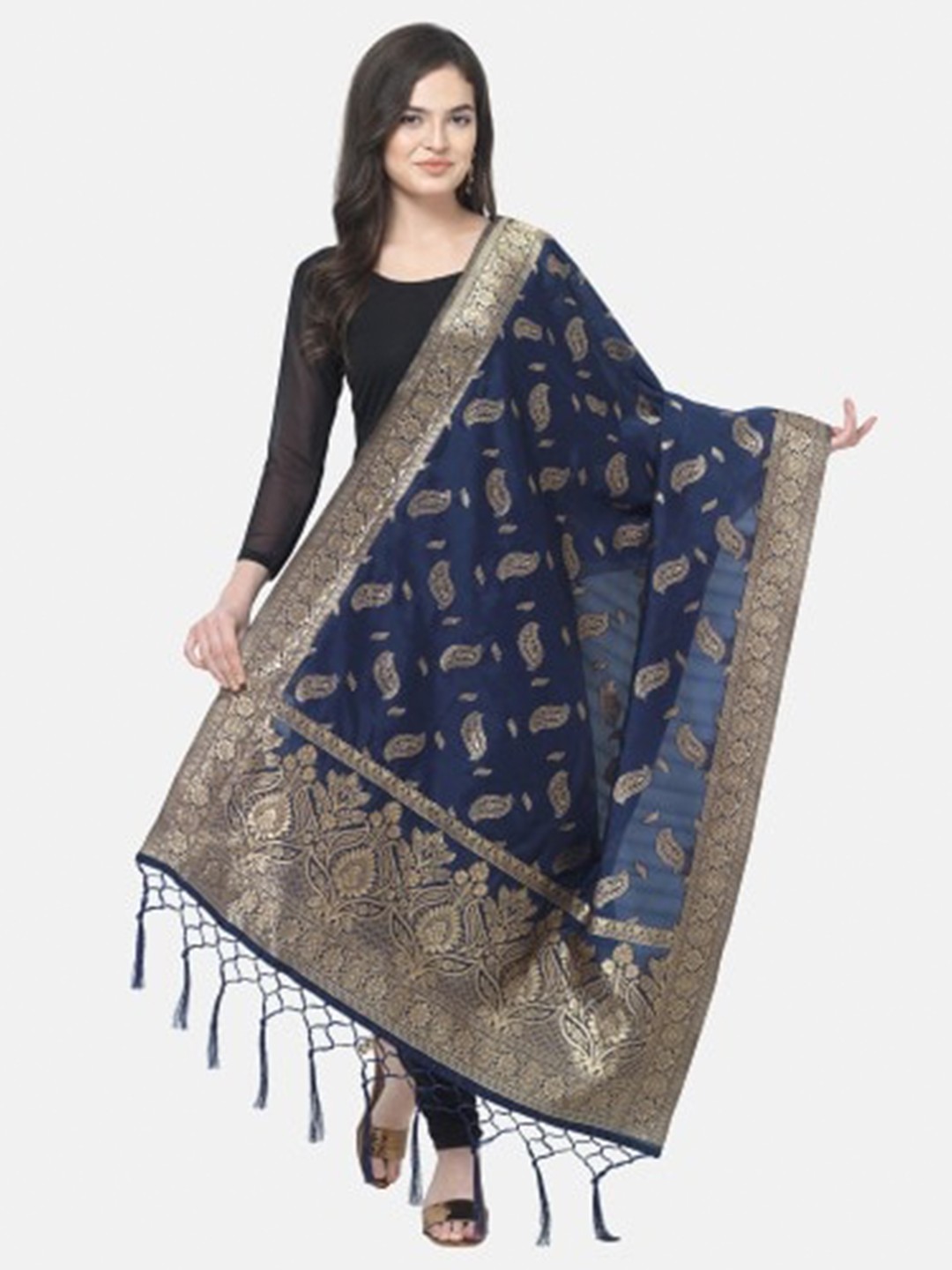 

MORLY Navy Blue & Gold-Toned Woven Design Cotton Silk Dupatta with Zari