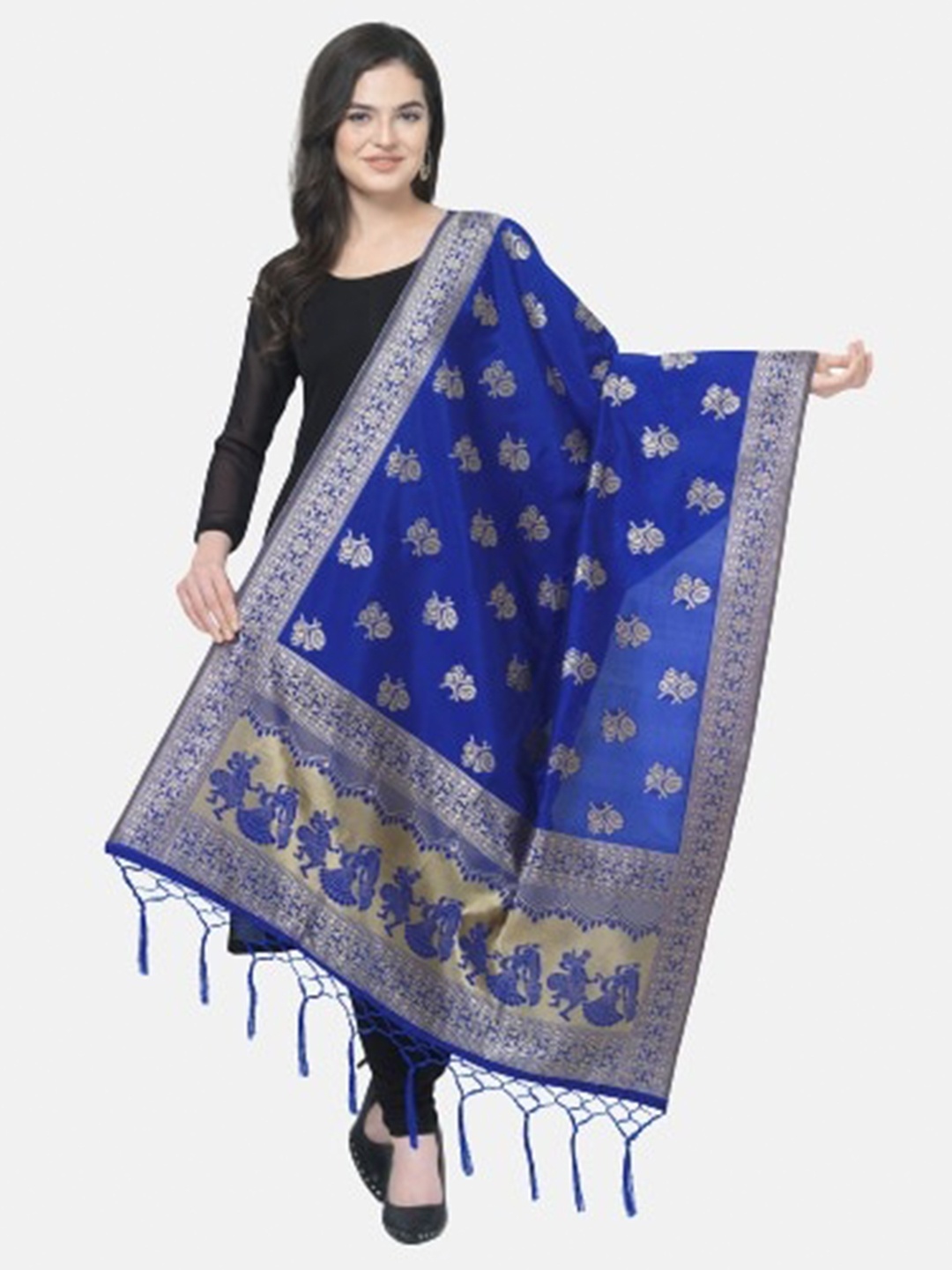 

MORLY Blue & Gold-Toned Ethnic Motifs Woven Design Cotton Silk Dupatta with Zari