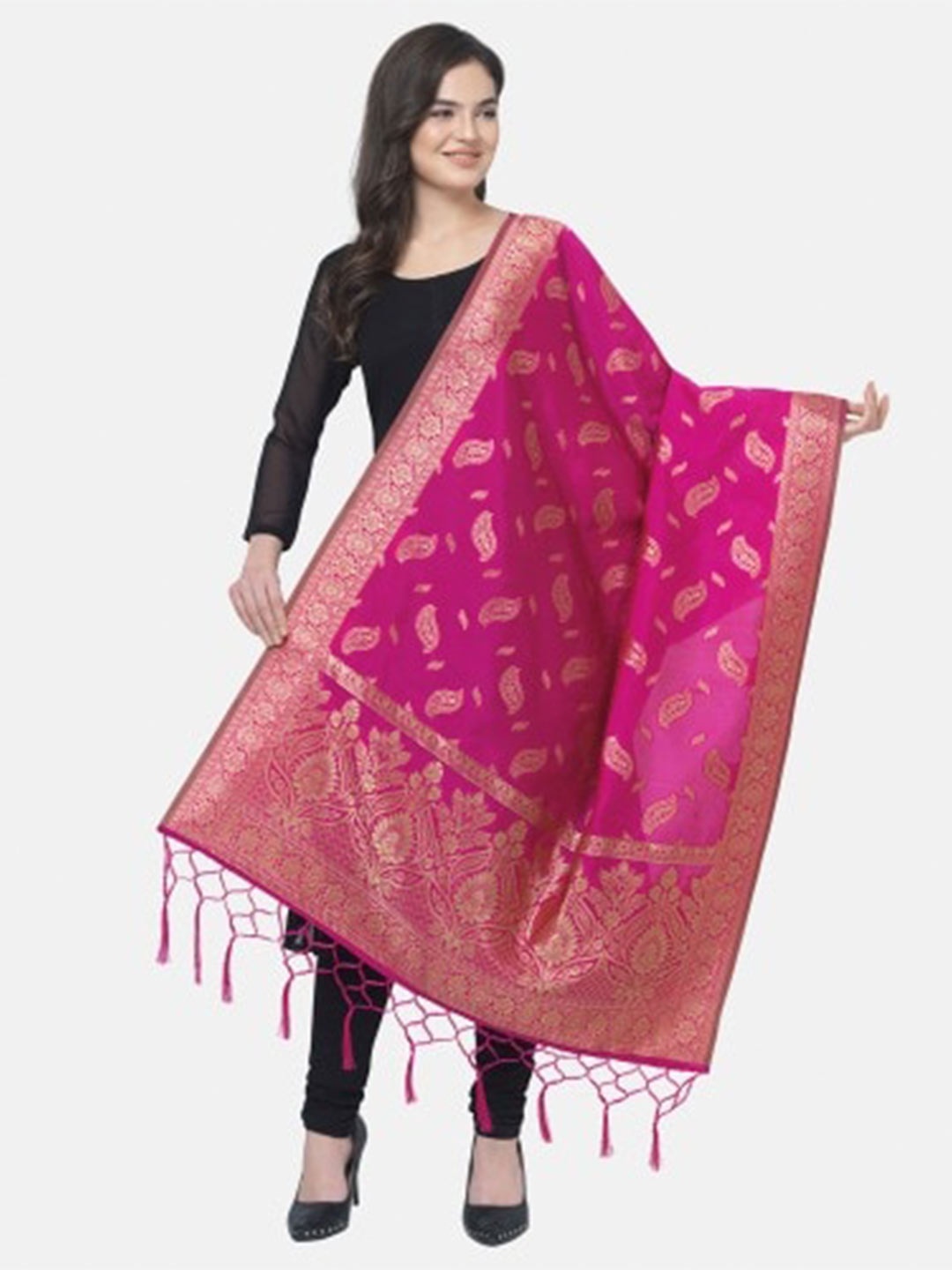 

MORLY Pink & Gold-Toned Woven Design Cotton Silk Dupatta with Zari