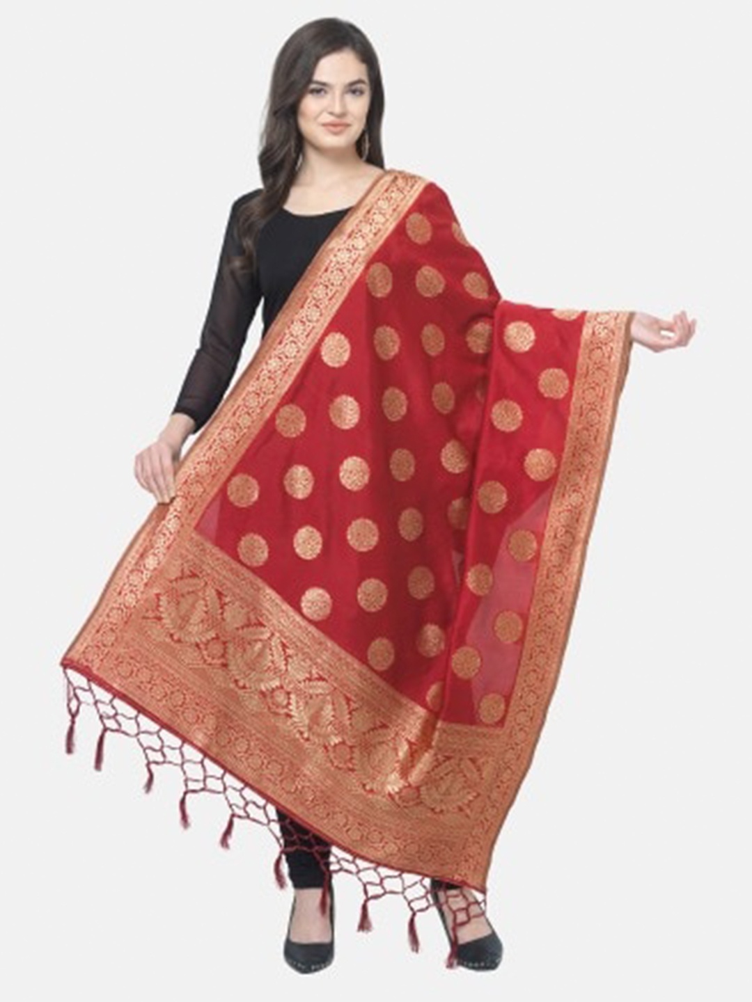 

MORLY Red & Gold-Toned Woven Design Cotton Silk Dupatta with Zari