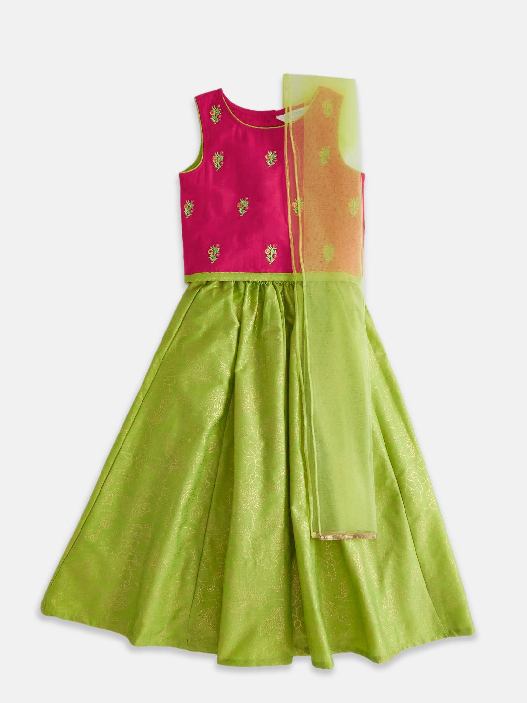 

AKKRITI BY PANTALOONS Girls Lime Green & Magenta Printed Ready to Wear Lehenga & Blouse With Dupatta