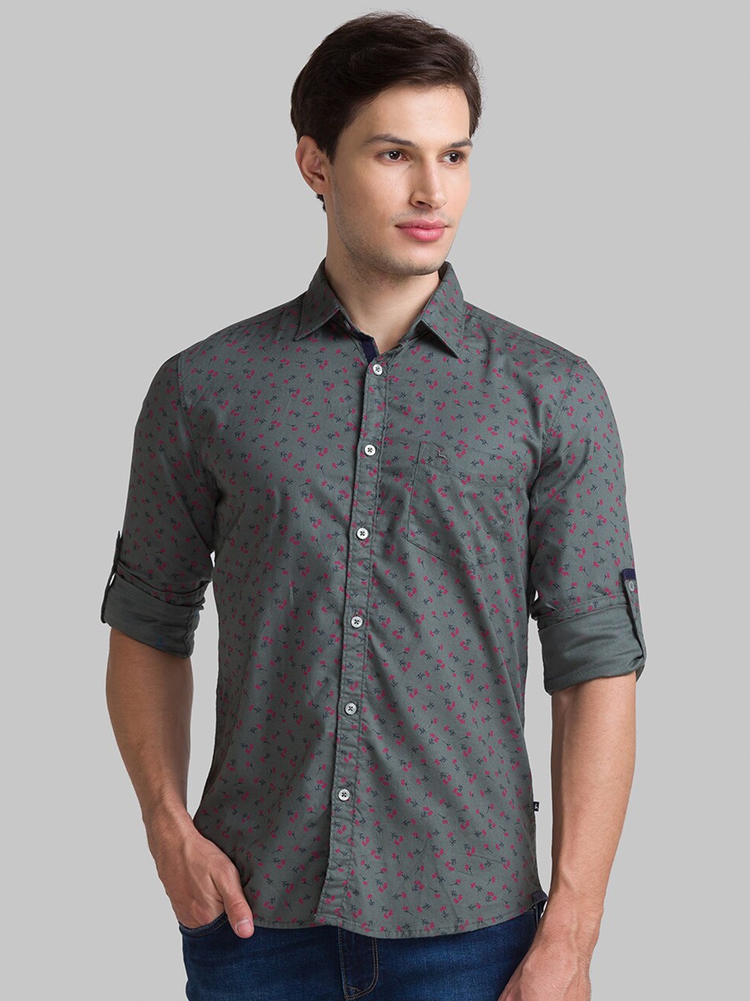 

Parx Men Grey Slim Fit Floral Printed Cotton Casual Shirt