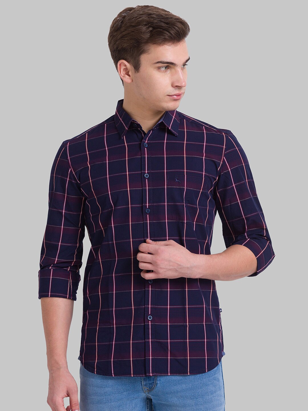 

Parx Men Blue Slim Fit Windowpane Checks Checked Casual Shirt