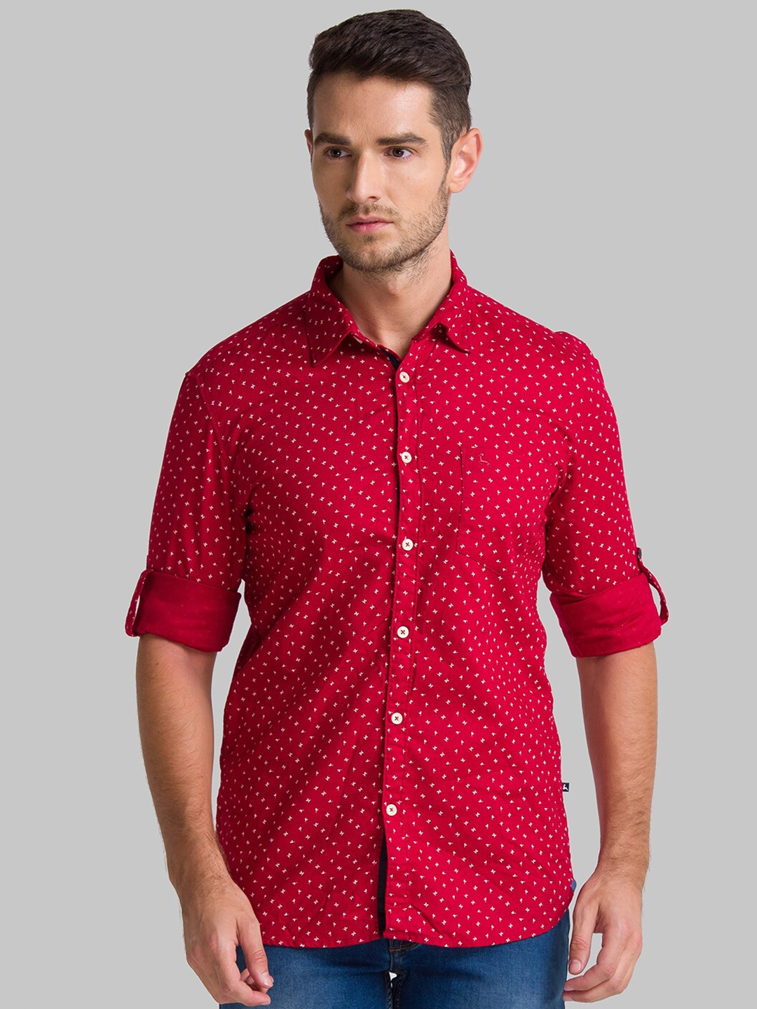 

Parx Men Red Slim Fit Printed Pure Cotton Casual Shirt