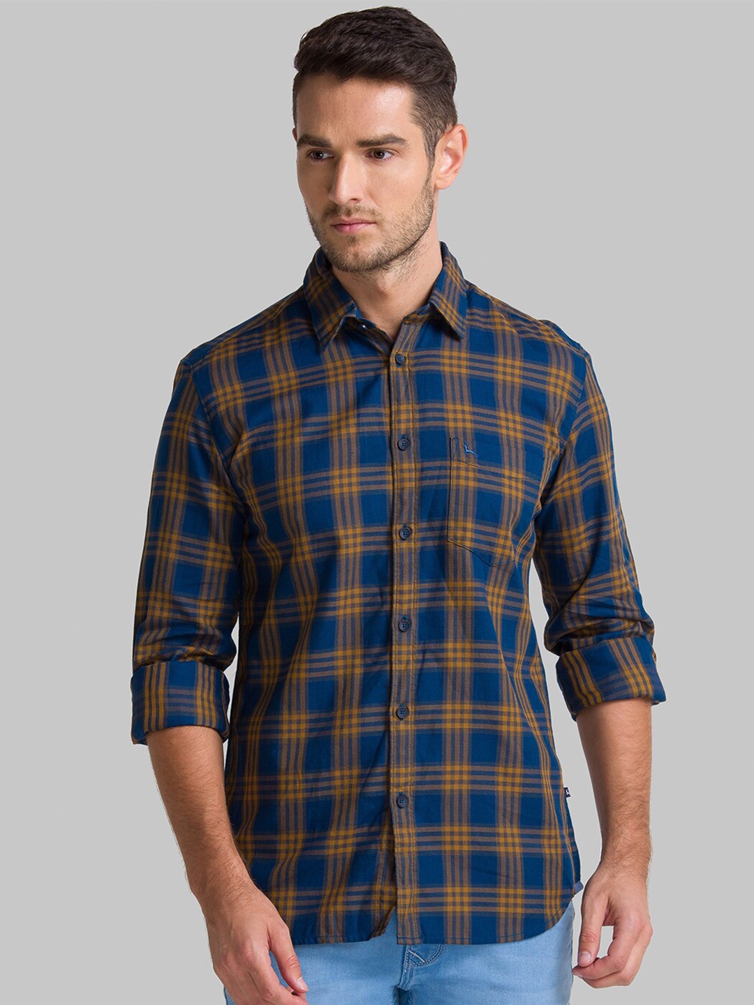 

Parx Men Mustard Slim Fit Checked Pure Cotton Casual Shirt