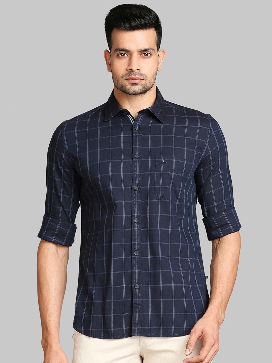 

Parx Men Blue Slim Fit Windowpane Checks Checked Casual Shirt